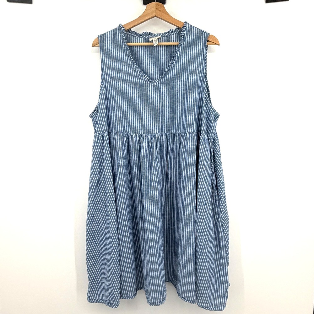 St Johns Bay Linen Blend Dress Womens XXL Ruffles Cottagecore Summer Blue Stripe